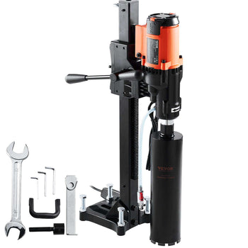 VEVOR hydraulic core drill rig in black and orange, featuring sturdy metal construction and included accessories.