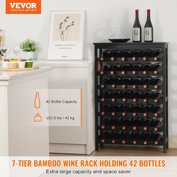 42 Bottle Modular Wine Rack, 7-Tier Solid Bamboo Wood Storage Racks with Table Top, Floor Freestanding Wines Holder Display Shelf, Wobble-Free Shelves for Kitchen, Bar, and Cellar (Black)