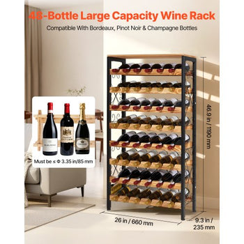 48 Bottle Wine Rack,8-Tier Wine Bottle Holder,Freestanding Floor Display Wine Storage Shelves with Wood Table Top,For Kitchen Pantry, Cellar, Bar, Dining Room, Living Room, Black