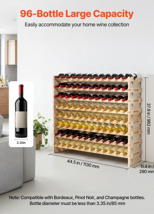 96 Bottle Stackable Modular Wine Rack, 8-Tier Wine Bottle Holder,Solid Wood Floor Freestanding Wine Storage Rack For Pinot Noir bottles,For Kitchen, Cellar, and Bar, Natural