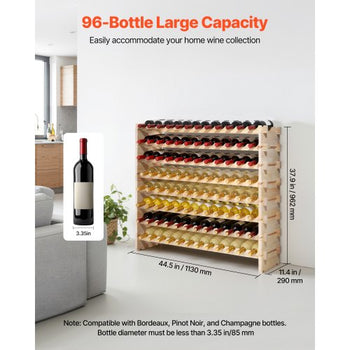 96 Bottle Stackable Modular Wine Rack, 8-Tier Wine Bottle Holder,Solid Wood Floor Freestanding Wine Storage Rack For Pinot Noir bottles,For Kitchen, Cellar, and Bar, Natural