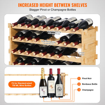 36 Bottle Stackable Modular  Rack, 4-Tier Solid Bamboo Wood Storage Racks, Floor Freestanding s Holder Display Shelf, Wobble-Free Shelves for Kitchen, Bar, and Cellar (Natural Color)