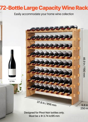 72 Bottle Stackable Modular Wine Rack, 8-Tier, Floor Freestanding Wine Storage Rack, Sturdy Wines Holder Display Shelf, Wobble-Free Shelves, Easy Assembly, for Kitchen, Cellar, and Bar, Natural