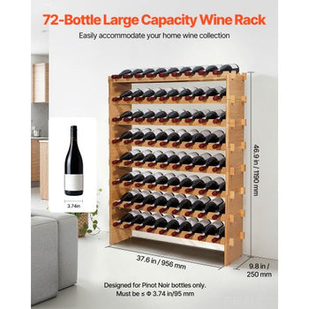 72 Bottle Stackable Modular Wine Rack, 8-Tier, Floor Freestanding Wine Storage Rack, Sturdy Wines Holder Display Shelf, Wobble-Free Shelves, Easy Assembly, for Kitchen, Cellar, and Bar, Natural