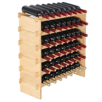 Natural bamboo wine rack with 6 shelves, holds 36 bottles, designed for modern home decor.