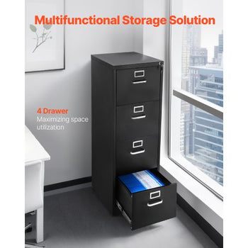 4 Drawer File Cabinet with Lock, Metal Vertical Filing Storage Cabinets for Home Office, Heavy-Duty Cabinet with Detachable Hanging Rod, for A4/Letter/Legal Size File, Easy Assembly (Black)