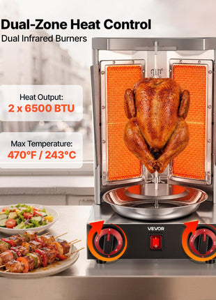 Countertop Vertical Rotating Oven 15 lbs Rotisserie Shawarma Machine, for Chicken Beef Mutton Pork, LPG Heating, Stainless Steel Body Grill Roaster, Dual-Zone Heat Control, Meat Catcher