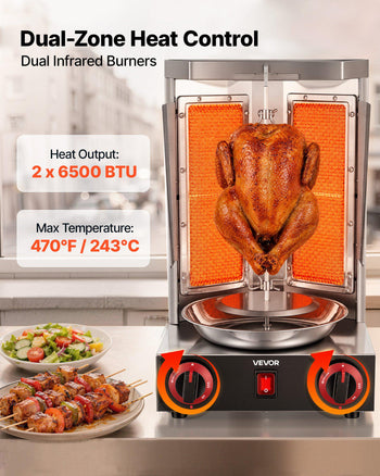 Countertop Vertical Rotating Oven 15 lbs Rotisserie Shawarma Machine, for Chicken Beef Mutton Pork, LPG Heating, Stainless Steel Body Grill Roaster, Dual-Zone Heat Control, Meat Catcher