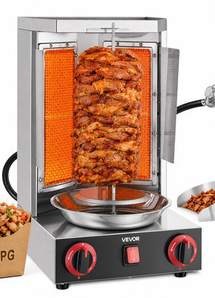 Countertop Vertical Rotating Oven 15 lbs Rotisserie Shawarma Machine, for Chicken Beef Mutton Pork, LPG Heating, Stainless Steel Body Grill Roaster, Dual-Zone Heat Control, Meat Catcher