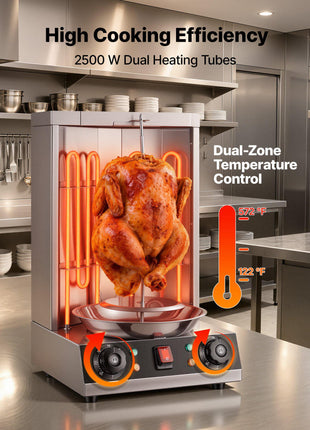 Countertop Vertical Rotating Oven 15 lbs Rotisserie Shawarma Machine, Stainless Steel Body 2500W Grill Roaster, Dual-Zone Temp Control, Drip Tray, Meat Catcher, for Chicken Beef Mutton Pork