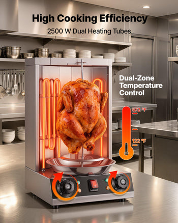 Countertop Vertical Rotating Oven 15 lbs Rotisserie Shawarma Machine, Stainless Steel Body 2500W Grill Roaster, Dual-Zone Temp Control, Drip Tray, Meat Catcher, for Chicken Beef Mutton Pork