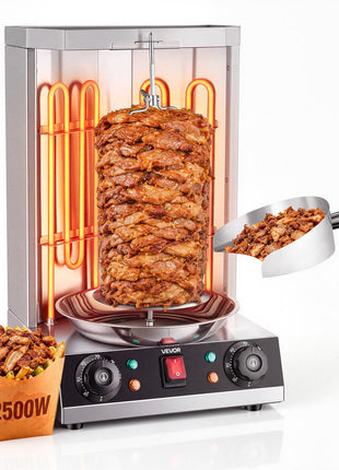 Countertop Vertical Rotating Oven 15 lbs Rotisserie Shawarma Machine, Stainless Steel Body 2500W Grill Roaster, Dual-Zone Temp Control, Drip Tray, Meat Catcher, for Chicken Beef Mutton Pork