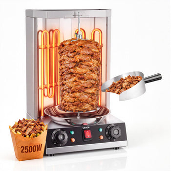 Countertop Vertical Rotating Oven 15 lbs Rotisserie Shawarma Machine, Stainless Steel Body 2500W Grill Roaster, Dual-Zone Temp Control, Drip Tray, Meat Catcher, for Chicken Beef Mutton Pork