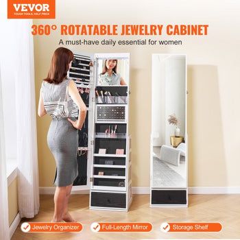 Mirror Jewelry Cabinet, 360° Swivel Standing Mirror with Storage, Lockable Jewelry Mirror Organizer with Full Length Mirror, Velvet Lining, LED Light, Drawer, Freestanding Jewelry Armoire, White