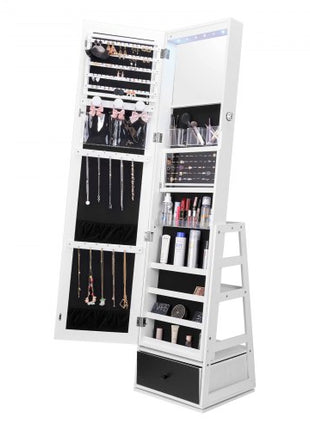 Mirror Jewelry Cabinet, 360° Swivel Standing Mirror with Storage, Lockable Jewelry Mirror Organizer with Full Length Mirror, Velvet Lining, LED Light, Drawer, Freestanding Jewelry Armoire, White