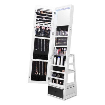 Mirror Jewelry Cabinet, 360° Swivel Standing Mirror with Storage, Lockable Jewelry Mirror Organizer with Full Length Mirror, Velvet Lining, LED Light, Drawer, Freestanding Jewelry Armoire, White