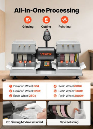 Cabbing Machine, 6" 2/5 HP 1800 RPM Efficient, Lapidary Rock Grinder Polisher With Diamond and Resin Wheels, LED Lamp, Water System, Lapidary Equipment for Gemstone Grinding, Stone Polishing