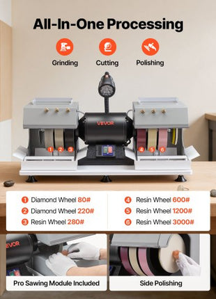 Cabbing Machine, 8" 3/4 HP 1800 RPM Efficient, Lapidary Rock Grinder Polisher With Diamond and Resin Wheels, LED Lamp, Water System, Lapidary Equipment for Gemstone Grinding, Stone Polishing