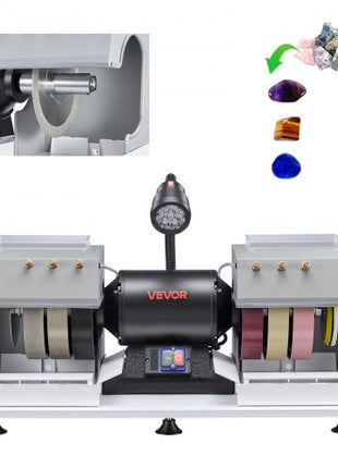 Cabbing Machine, 8" 3/4 HP 1800 RPM Efficient, Lapidary Rock Grinder Polisher With Diamond and Resin Wheels, LED Lamp, Water System, Lapidary Equipment for Gemstone Grinding, Stone Polishing