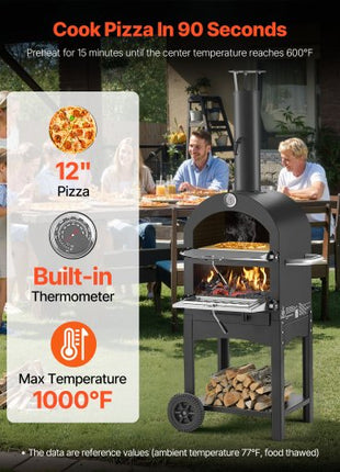 Outdoor Pizza Oven, 12" Pellet Fire Ovens, 2-Layer Pizza Oven Wood Fired, Wood Burning Outdoor Pizza-Oven with 2 Removable Wheels, 1000? Max Temperature Fired Pizza-Maker Ovens for Barbecue