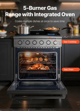 Gas Range Oven, 30 Inches Width, Freestanding Stainless Steel Stove and Oven with 5 Sealed Cooktop Burners, Easy Reach Racks, 4.8 Cu. Ft. Capacity, for Apartment, Home, Kitchen