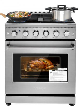 Gas Range Oven, 30 Inches Width, Freestanding Stainless Steel Stove and Oven with 5 Sealed Cooktop Burners, Easy Reach Racks, 4.8 Cu. Ft. Capacity, for Apartment, Home, Kitchen
