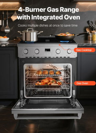 Gas Range Oven, 29.9 Inches Width, Freestanding Stainless Steel Stove and Oven with 4 Sealed Cooktop Burners, Easy Reach Racks, Halogen Light, 4.8 Cu. Ft. Capacity, for Apartment, Home, Kitchen