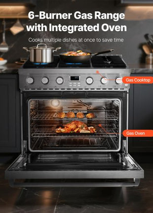 Gas Range Oven, 35.9 Inches Width, Freestanding Stainless Steel Stove and Oven with 6 Sealed Cooktop Burners, Easy Reach Racks, Halogen Light, 6.0 Cu. Ft. Capacity, for Apartment, Home, Kitchen