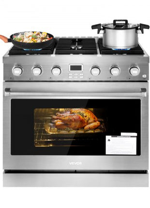 Gas Range Oven, 35.9 Inches Width, Freestanding Stainless Steel Stove and Oven with 6 Sealed Cooktop Burners, Easy Reach Racks, Halogen Light, 6.0 Cu. Ft. Capacity, for Apartment, Home, Kitchen