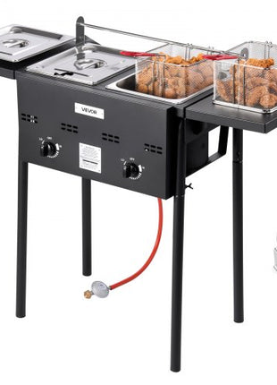 Outdoor Propane Deep Fryer, Dual-Tank 8QTx2 Commercial Fryer, Stainless Steel Cooker with Foldable Platform, Dual Basket, and Heat Adjustment, Floor Standing Fryers for Restaurant Home Snack Bar