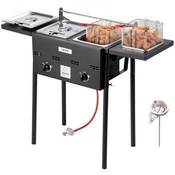 Outdoor Propane Deep Fryer, Dual-Tank 8QTx2 Commercial Fryer, Stainless Steel Cooker with Foldable Platform, Dual Basket, and Heat Adjustment, Floor Standing Fryers for Restaurant Home Snack Bar