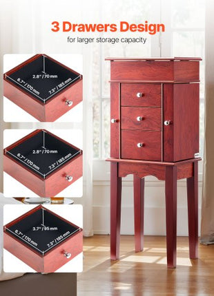 Jewelry Cabinet Armoire, Standing Wood Jewelry Storage Chest with 3 Drawers, Flip Top Mirror, 4 Top Storage Compartments, Zinc Alloy Handles, 2 Side Doors with 6 Necklace Hooks
