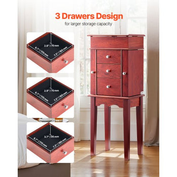 Jewelry Cabinet Armoire, Standing Wood Jewelry Storage Chest with 3 Drawers, Flip Top Mirror, 4 Top Storage Compartments, Zinc Alloy Handles, 2 Side Doors with 6 Necklace Hooks