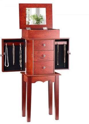 Jewelry Cabinet Armoire, Standing Wood Jewelry Storage Chest with 3 Drawers, Flip Top Mirror, 4 Top Storage Compartments, Zinc Alloy Handles, 2 Side Doors with 6 Necklace Hooks
