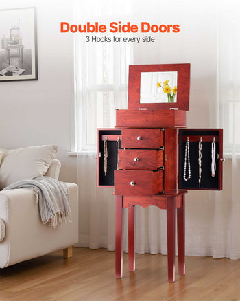 Jewelry Cabinet Armoire, Standing Wood Jewelry Storage Chest with 3 Drawers, Flip Top Mirror, 4 Top Storage Compartments, Zinc Alloy Handles, 2 Side Doors with 6 Necklace Hooks