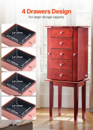 Jewelry Cabinet Armoire, Standing Wood Jewelry Storage Chest with 4 Spacious Drawers, Flip Top Mirror, 4 Top Storage Compartments, Zinc Alloy Handles, 2 Side Doors with 16 Necklace Hooks