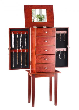 Jewelry Cabinet Armoire, Standing Wood Jewelry Storage Chest with 4 Spacious Drawers, Flip Top Mirror, 4 Top Storage Compartments, Zinc Alloy Handles, 2 Side Doors with 16 Necklace Hooks