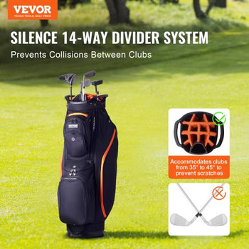 Golf Cart Bag with 14 Way Organizer Divider Top, 36 13 Pockets Premium Cart Bag, Durable Golf Bags with Handles & Dust Cover & Detachable Straps for Men & Women, Black & Orange