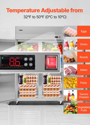 Commercial Refrigerator, 31.89 in Width Reach In Upright Refrigeration Four Door, 31.4 Cu.ft Auto-Defrost Stainless Steel Refrigerator with 6 Adjustable Shelves, 32 to 50℉ Temp Range, 4 Wheels