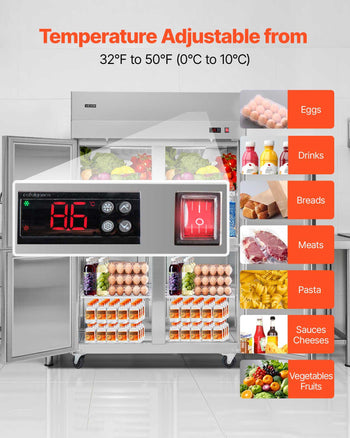 Commercial Refrigerator, 31.89 in Width Reach In Upright Refrigeration Four Door, 31.4 Cu.ft Auto-Defrost Stainless Steel Refrigerator with 6 Adjustable Shelves, 32 to 50℉ Temp Range, 4 Wheels
