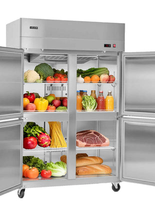 Commercial Refrigerator, 31.89 in Width Reach In Upright Refrigeration Four Door, 31.4 Cu.ft Auto-Defrost Stainless Steel Refrigerator with 6 Adjustable Shelves, 32 to 50℉ Temp Range, 4 Wheels