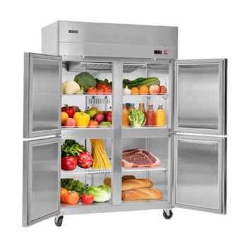 Commercial Refrigerator, 31.89 in Width Reach In Upright Refrigeration Four Door, 31.4 Cu.ft Auto-Defrost Stainless Steel Refrigerator with 6 Adjustable Shelves, 32 to 50℉ Temp Range, 4 Wheels