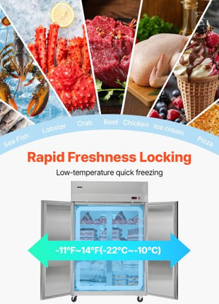 Commercial Freezer, 31.89 in Width Reach In Upright-Freezer Four Door, 31.4 Cu.ft Auto-Defrost Stainless Steel Freezer with 6 Adjustable Shelves, -11 to 14? Temp Control, LED Light, 4 Wheels