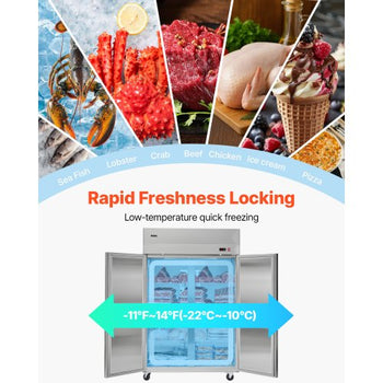 Commercial Freezer, 31.89 in Width Reach In Upright-Freezer Four Door, 31.4 Cu.ft Auto-Defrost Stainless Steel Freezer with 6 Adjustable Shelves, -11 to 14? Temp Control, LED Light, 4 Wheels