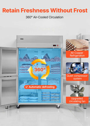Commercial Freezer, 31.89 in Width Reach In Upright-Freezer Four Door, 31.4 Cu.ft Auto-Defrost Stainless Steel Freezer with 6 Adjustable Shelves, -11 to 14℉ Temp Control, LED Light, 4 Wheels