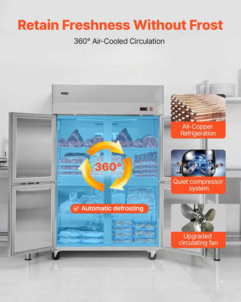 Commercial Freezer, 31.89 in Width Reach In Upright-Freezer Four Door, 31.4 Cu.ft Auto-Defrost Stainless Steel Freezer with 6 Adjustable Shelves, -11 to 14℉ Temp Control, LED Light, 4 Wheels