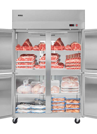 Commercial Freezer, 31.89 in Width Reach In Upright-Freezer Four Door, 31.4 Cu.ft Auto-Defrost Stainless Steel Freezer with 6 Adjustable Shelves, -11 to 14℉ Temp Control, LED Light, 4 Wheels