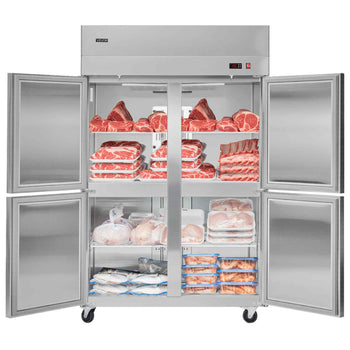 Commercial Freezer, 31.89 in Width Reach In Upright-Freezer Four Door, 31.4 Cu.ft Auto-Defrost Stainless Steel Freezer with 6 Adjustable Shelves, -11 to 14℉ Temp Control, LED Light, 4 Wheels
