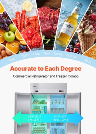 Commercial Refrigerator and Freezer Combo 48"W, 31 Cu.Ft Stainless Steel Upright Freezer/Refrigerator with 4 Doors, Auto-Defrost, 6 Adjustable Shelves, UL Certified