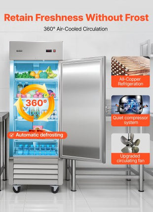 Commercial Reach-In Refrigerator 29" W, 22 Cu.Ft Stainless Steel Upright Refrigerator with Single Door, Auto-Defrost, 4 Adjustable Shelves, 32 to 50? Temperature Control, ETL Certified